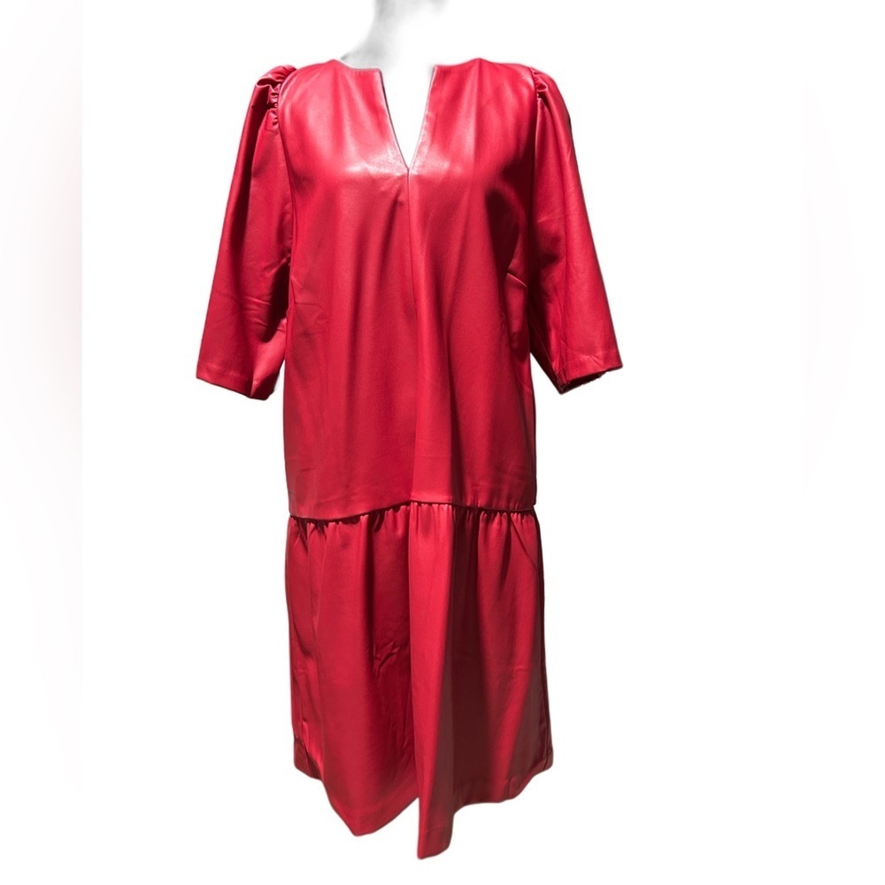 Ann Taylor Vibrant Red Faux Leather Short Sleeve Dress, Size 16